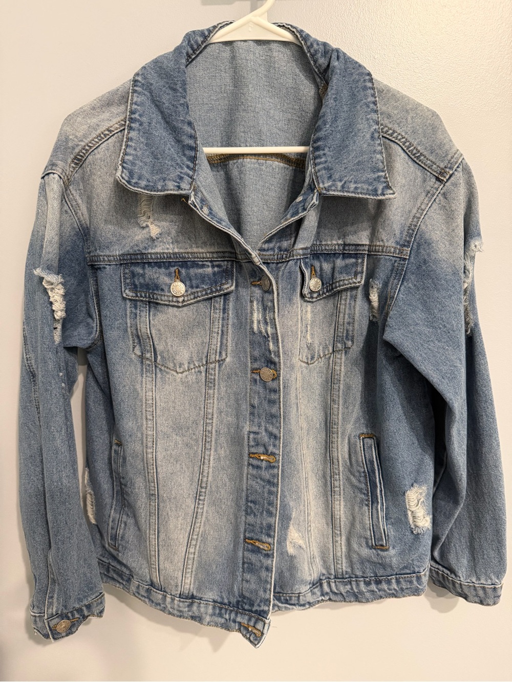 SHEIN Light Blue Distressed Denim Trucker Jacket